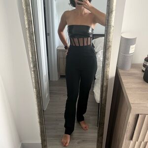 NWT David Koma Sleek Black Strapless Cady & Leather Corset Jumpsuit